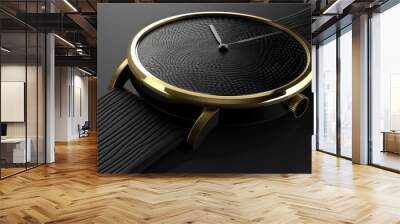 Black and gold wristwatch with wooden texture. Wall mural