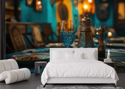 Close-up of a blue and gold table setting in a restaurant with a wine glass, salt and pepper shakers, and a plate of food. Wall mural