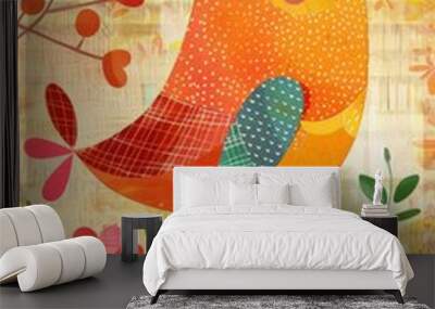 Colorful abstract bird illustration with floral elements. Wall mural