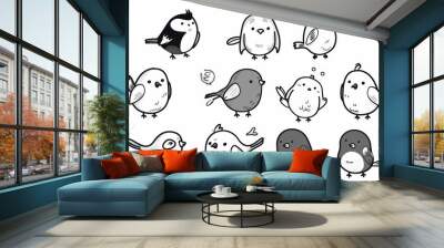 Cute cartoon bird illustrations, black and white. Wall mural