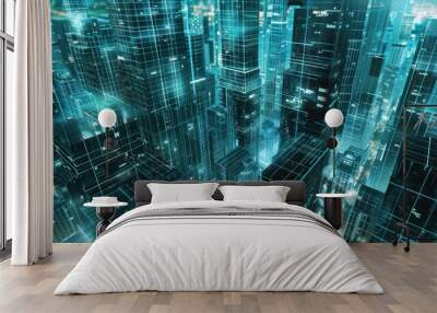 Futuristic city skyline with glowing lines. Wall mural