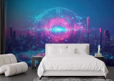 Futuristic cityscape with a glowing digital portal and vibrant colors. Wall mural