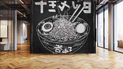 Hand-drawn illustration of a bowl of ramen on a blackboard. Wall mural