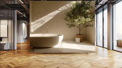 Minimalist bathroom with a freestanding bathtub and a plant in the corner. Wall mural