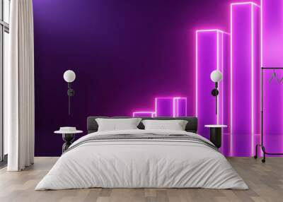 Neon bar graph representation with a reflective surface and purple background. Wall mural