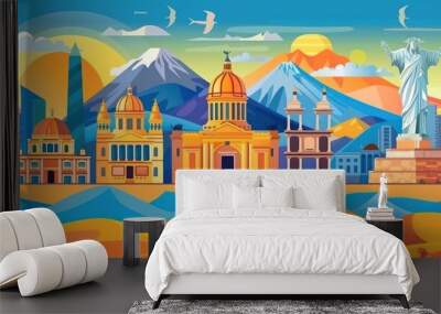 Playful cartoon interpretation of Argentina showcasing well-known world landmarks. Wall mural