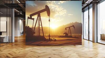 Silhouette of oil pumps against a sunset backdrop in a mountainous landscape. Wall mural