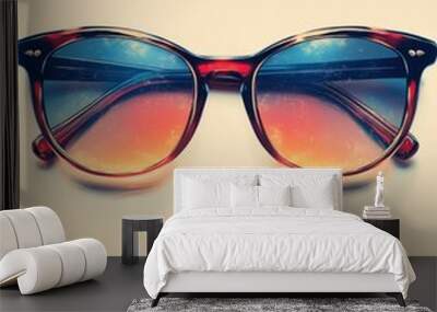 Sunglasses with a reflection of the sky and sunset. Wall mural