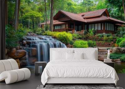 Tranquil waterfall flowing into a pond in front of a wooden cabin in a lush green forest. Wall mural