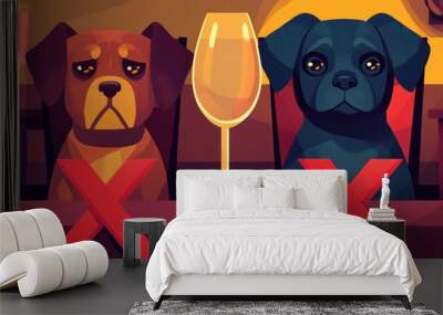 Two cartoon dogs sitting at a table with a crossed-out wine glass, conveying a humorous message. Wall mural