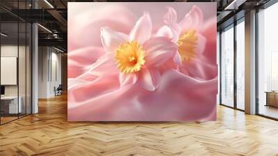 Two delicate pink flowers with yellow centers resting on soft fabric. Wall mural