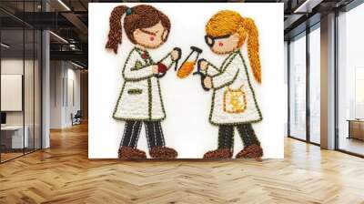 Two embroidered female scientists with beakers and lab coats on a white background. Wall mural