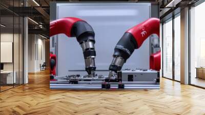 Two red robotic arms working together in a factory setting. Wall mural