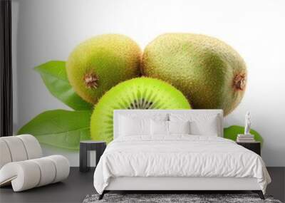 Two whole kiwi fruits and one sliced kiwi with green leaves on white background. Wall mural