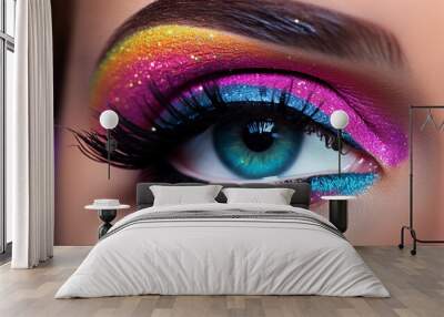 colorful makeup bright and intense makeup female eye Wall mural