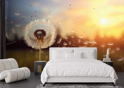 dandelion clock dispersing seed with sunrise Wall mural