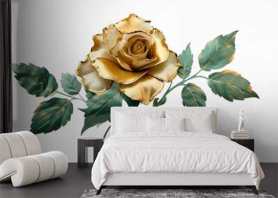 Elegant floral rose with green and gold on white background. Generative AI Wall mural