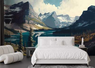 Glacier National Park Landscape - An illustration feature. Generative AI Wall mural