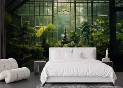 glasshouse in a botanical garden surrounded by lush Wall mural