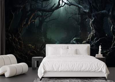 haunted forest path. A spooky scene of a haunted forest path, with gnarled trees, creeping fog Wall mural