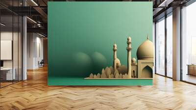 islamic decoration background with crescent moon mosque window koran lantern with green background Wall mural