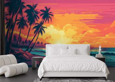 Tropical beach landscape with surfing girl and palms.  Wall mural