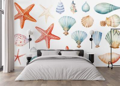 watercolor isolated object sea shells starfish Wall mural