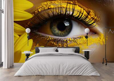 yellow eye makeup up with flower. creative eye makeup concept Wall mural