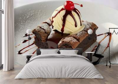 a delectable chocolate brownie with a scoop of vanilla ice cream Wall mural