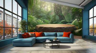 Wooden tabletop on a boulder placed among an exotic jungle. Podium platform for product presentation. Summertime background. 3D render. 3d illustration. Generative AI Wall mural