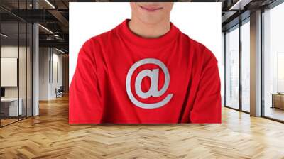 boy with red shirt and internet symbol Wall mural