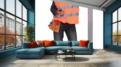 carpenter all smiles with arm resting on metallic post Wall mural