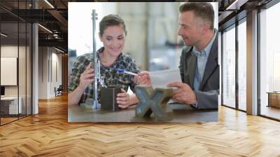 engineer and female apprentice working on machine in factory Wall mural