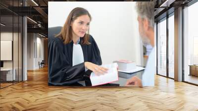 female lawyer holding book in meeting with male client Wall mural