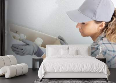 female plumber installing a toilet cistern Wall mural