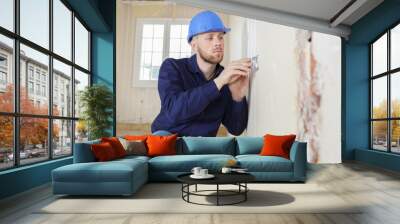 male plasterer polishing the wall Wall mural