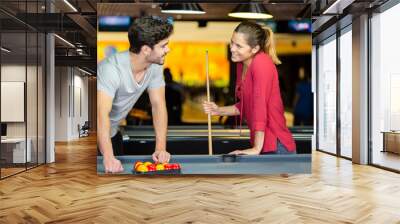 pretty couple playing billards Wall mural