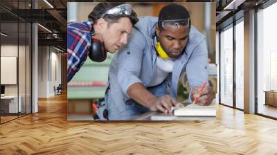 two carpenters working together in workshop Wall mural