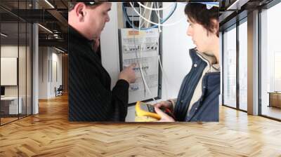 two electricians repairing fuse box Wall mural