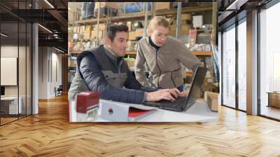 warehouse managers using laptop in warehouse Wall mural