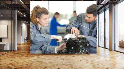 woman and man mechanic checking an engine Wall mural