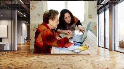 Woman helping grandmother with computer Wall mural