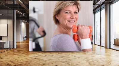 Woman using dumbbells in a gym Wall mural