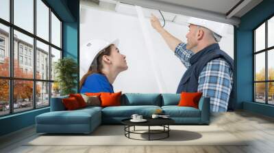 worker showing apprentice problem in ceiling in house Wall mural