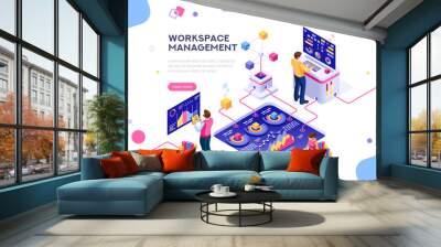 Collection, database graphs. Desktop chart analyzing, statistics visualization concept. Interacting people. 3d isometric vector illustration. Wall mural