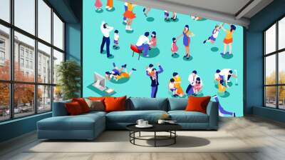 Family isometric people set. 3D flat realistic children and parents. Interacting people isolated vector illustration Wall mural