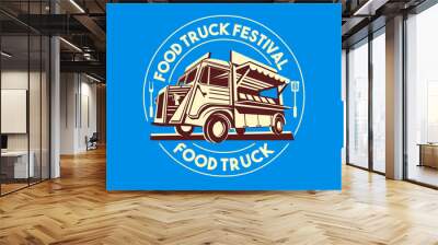 Food truck logotype for delivery service business or food festival. Vector Logo Wall mural