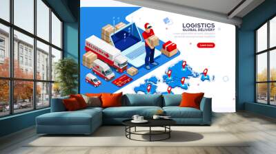 Industry of shipment, web delivery and parcel concept. Carry man, free courier and express delivery. Infographics with worker boy for web banner or hero images. Isometric people vector illustration. Wall mural