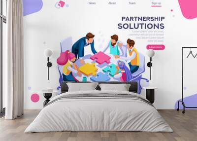 Project pieces, communication, collaboration, partnership solution. Together images, teamwork concept. Can use for web banner, infographics, hero images. Flat isometric vector illustration. Wall mural