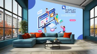 Seo optimization, website pay per click concept. Development group characters, team work together on web images. People flat isometric infographics or banner. Illustration isolated on white background Wall mural